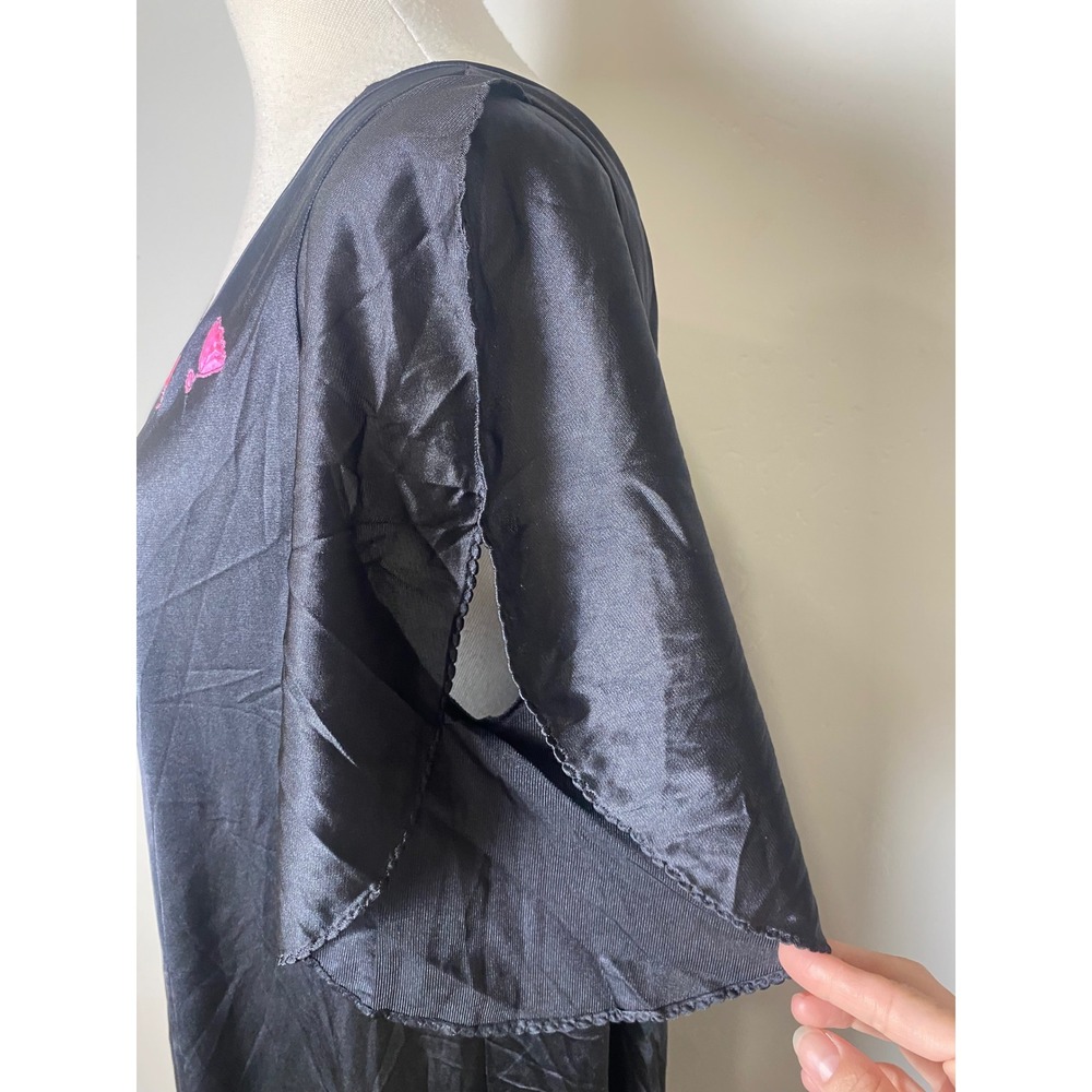 Vintage 60s 70s Black Butterfly Embroidered Maxi Nightgown V-Neck Open Back L - Picture 3 of 5